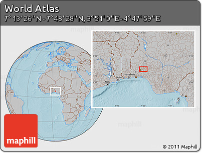 Gray Location Map of the Area around 7° 30' 57" N, 4° 19' 30" E, hill shading