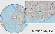 Gray Location Map of the area around 7° 30' 57" N, 4° 10' 30" W, hill shading