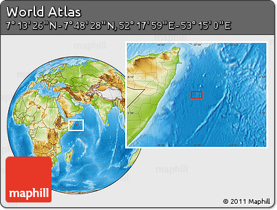 Physical Location Map of the Area around 7° 30' 57" N, 52° 46' 29" E