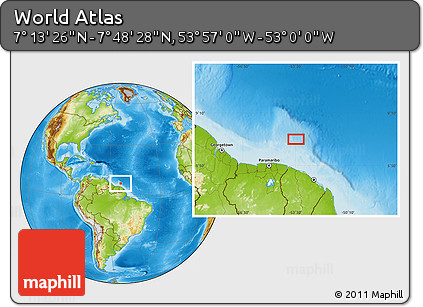 Physical Location Map of the Area around 7° 30' 57" N, 53° 28' 30" W
