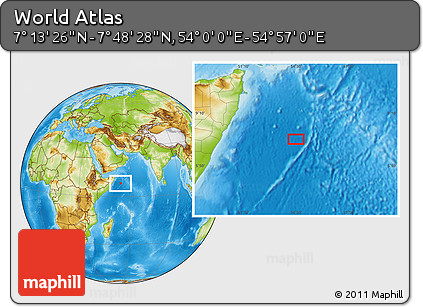 Physical Location Map of the Area around 7° 30' 57" N, 54° 28' 30" E
