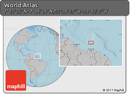 Gray Location Map of the Area around 7° 30' 57" N, 55° 10' 29" W, hill shading