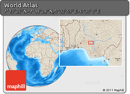 Shaded Relief Location Map of the Area around 7° 30' 57" N, 6° 1' 30" E