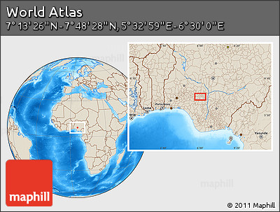 Shaded Relief Location Map of the Area around 7° 30' 57" N, 6° 1' 30" E