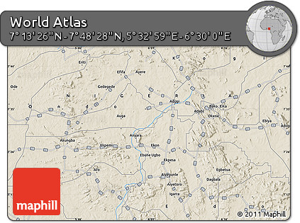 Shaded Relief Map of the Area around 7° 30' 57" N, 6° 1' 30" E