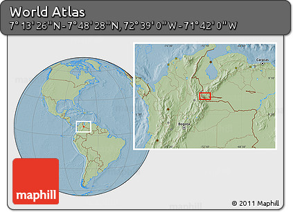Savanna Style Location Map of the Area around 7° 30' 57" N, 72° 10' 30" W, hill shading