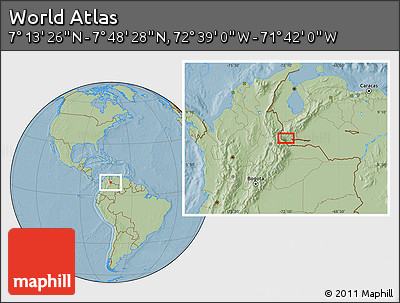 Savanna Style Location Map of the Area around 7° 30' 57" N, 72° 10' 30" W, hill shading