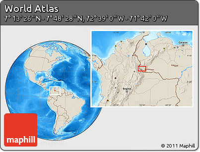 Shaded Relief Location Map of the Area around 7° 30' 57" N, 72° 10' 30" W