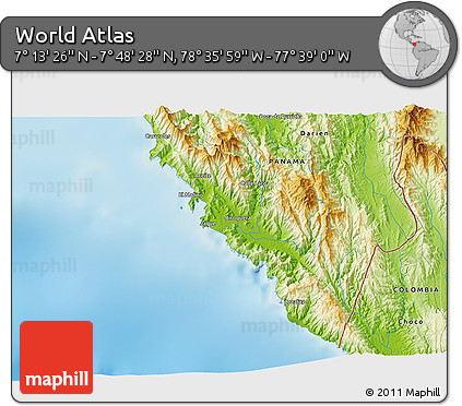 Physical 3D Map of the Area around 7° 30' 57" N, 78° 7' 30" W