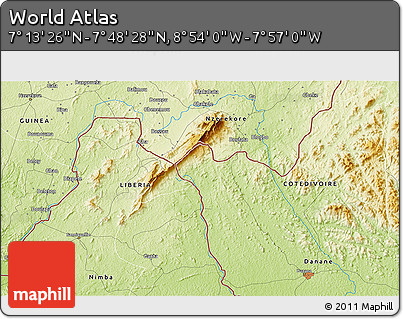 Physical 3D Map of the Area around 7° 30' 57" N, 8° 25' 30" W