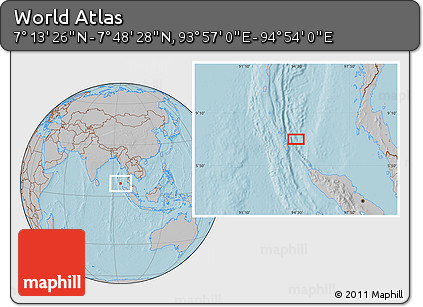 Gray Location Map of the Area around 7° 30' 57" N, 94° 25' 30" E, hill shading