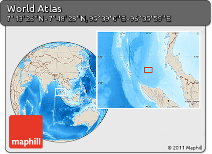 Shaded Relief Location Map of the Area around 7° 30' 57" N, 96° 7' 30" E