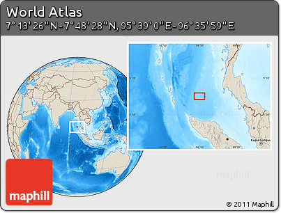 Shaded Relief Location Map of the Area around 7° 30' 57" N, 96° 7' 30" E