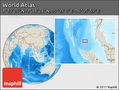 Shaded Relief Location Map of the Area around 7° 30' 57" N, 96° 7' 30" E