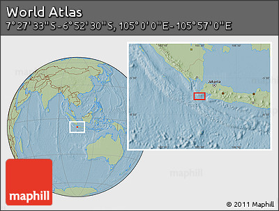 Savanna Style Location Map of the Area around 7° 10' 2" S, 105° 28' 29" E, hill shading