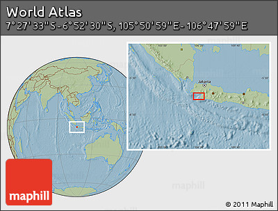 Savanna Style Location Map of the Area around 7° 10' 2" S, 106° 19' 29" E, hill shading