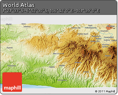 Physical 3D Map of the Area around 7° 10' 2" S, 107° 10' 30" E