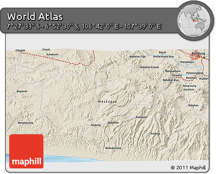 Shaded Relief 3D Map of the Area around 7° 10' 2" S, 107° 10' 30" E