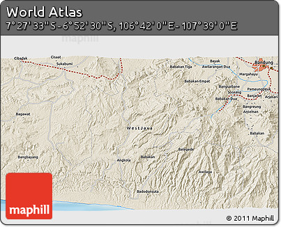 Shaded Relief 3D Map of the Area around 7° 10' 2" S, 107° 10' 30" E