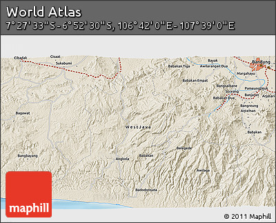 Shaded Relief 3D Map of the Area around 7° 10' 2" S, 107° 10' 30" E
