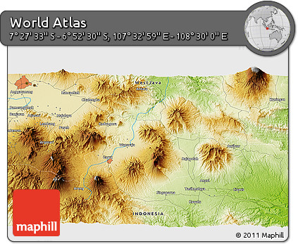 Physical 3D Map of the Area around 7° 10' 2" S, 108° 1' 30" E