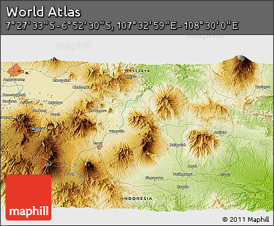 Physical 3D Map of the Area around 7° 10' 2" S, 108° 1' 30" E