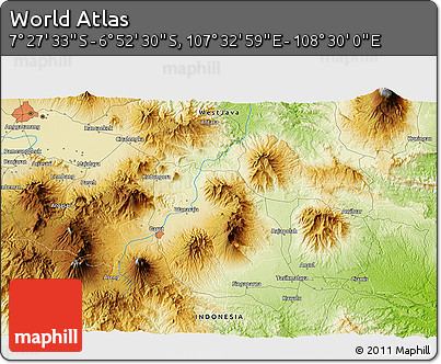 Physical 3D Map of the Area around 7° 10' 2" S, 108° 1' 30" E