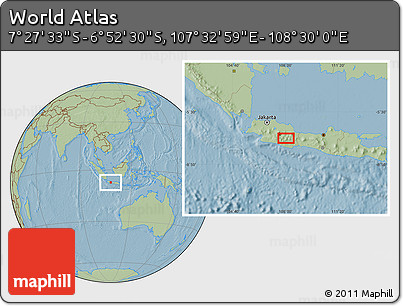 Savanna Style Location Map of the Area around 7° 10' 2" S, 108° 1' 30" E, hill shading