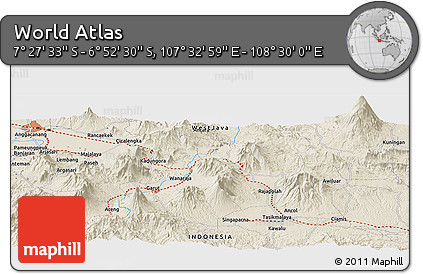 Shaded Relief Panoramic Map of the Area around 7° 10' 2" S, 108° 1' 30" E