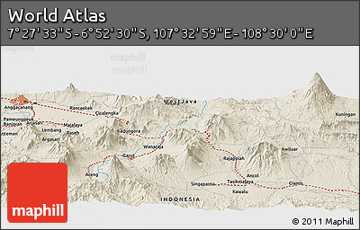 Shaded Relief Panoramic Map of the Area around 7° 10' 2" S, 108° 1' 30" E
