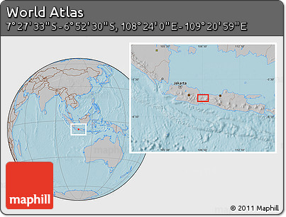Gray Location Map of the Area around 7° 10' 2" S, 108° 52' 30" E, hill shading