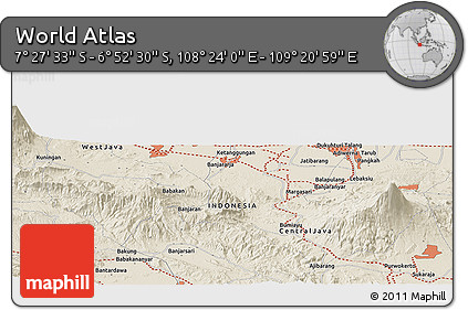 Shaded Relief Panoramic Map of the Area around 7° 10' 2" S, 108° 52' 30" E