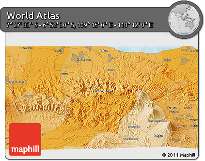 Political 3D Map of the Area around 7° 10' 2" S, 109° 43' 29" E