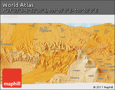 Political 3D Map of the Area around 7° 10' 2" S, 109° 43' 29" E