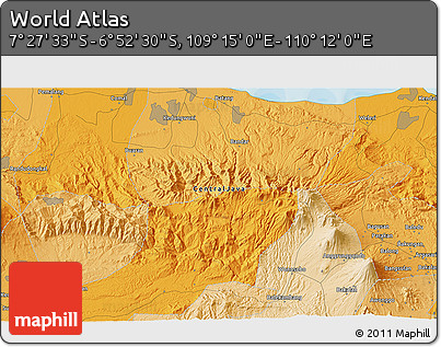 Political 3D Map of the Area around 7° 10' 2" S, 109° 43' 29" E