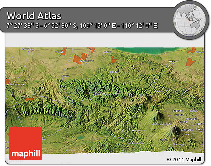 Satellite 3D Map of the Area around 7° 10' 2" S, 109° 43' 29" E