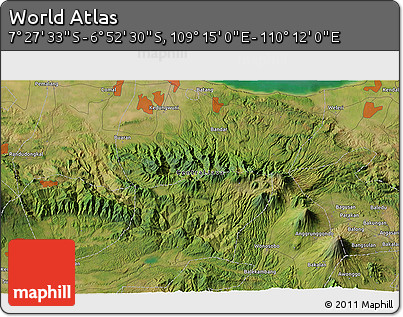 Satellite 3D Map of the Area around 7° 10' 2" S, 109° 43' 29" E