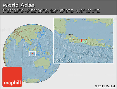 Savanna Style Location Map of the Area around 7° 10' 2" S, 109° 43' 29" E, hill shading