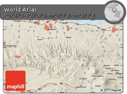 Shaded Relief Map of the Area around 7° 10' 2" S, 109° 43' 29" E