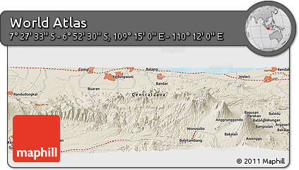 Shaded Relief Panoramic Map of the Area around 7° 10' 2" S, 109° 43' 29" E