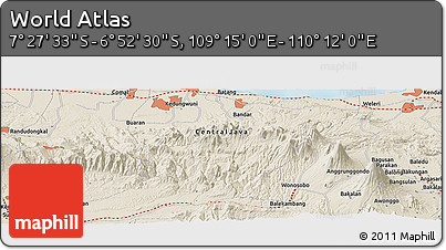 Shaded Relief Panoramic Map of the Area around 7° 10' 2" S, 109° 43' 29" E