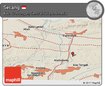 Shaded Relief Panoramic Map of Secang