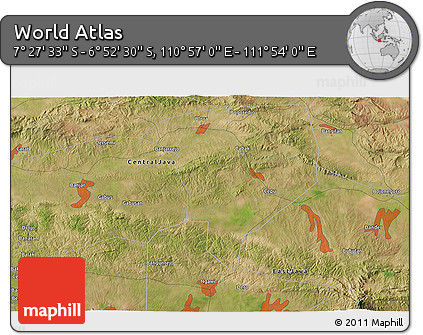 Satellite 3D Map of the Area around 7° 10' 2" S, 111° 25' 30" E