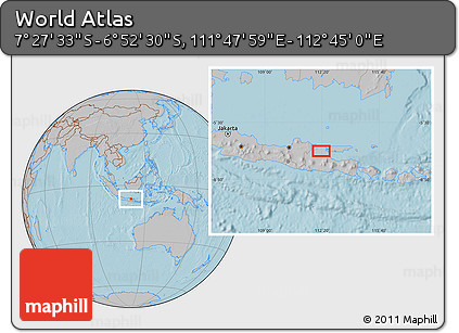 Gray Location Map of the Area around 7° 10' 2" S, 112° 16' 30" E, hill shading