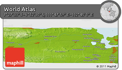 Physical Panoramic Map of the Area around 7° 10' 2" S, 112° 16' 30" E