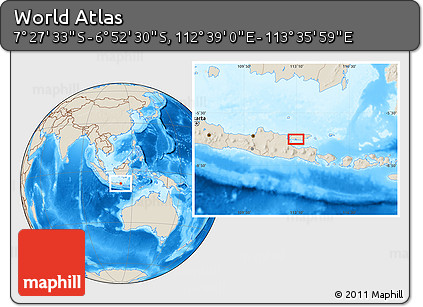 Shaded Relief Location Map of the Area around 7° 10' 2" S, 113° 7' 30" E