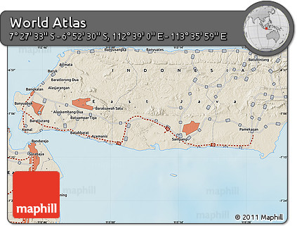 Shaded Relief Map of the Area around 7° 10' 2" S, 113° 7' 30" E