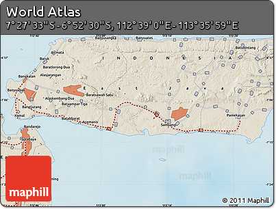Shaded Relief Map of the Area around 7° 10' 2" S, 113° 7' 30" E
