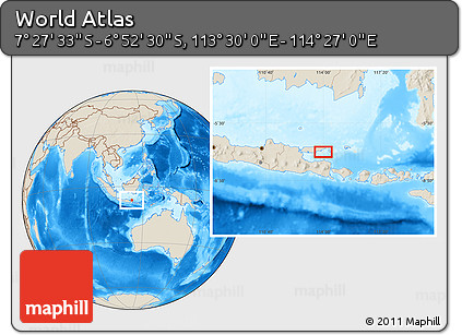 Shaded Relief Location Map of the Area around 7° 10' 2" S, 113° 58' 29" E