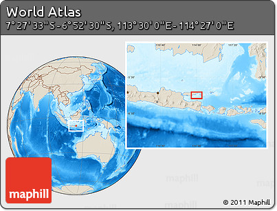 Shaded Relief Location Map of the Area around 7° 10' 2" S, 113° 58' 29" E